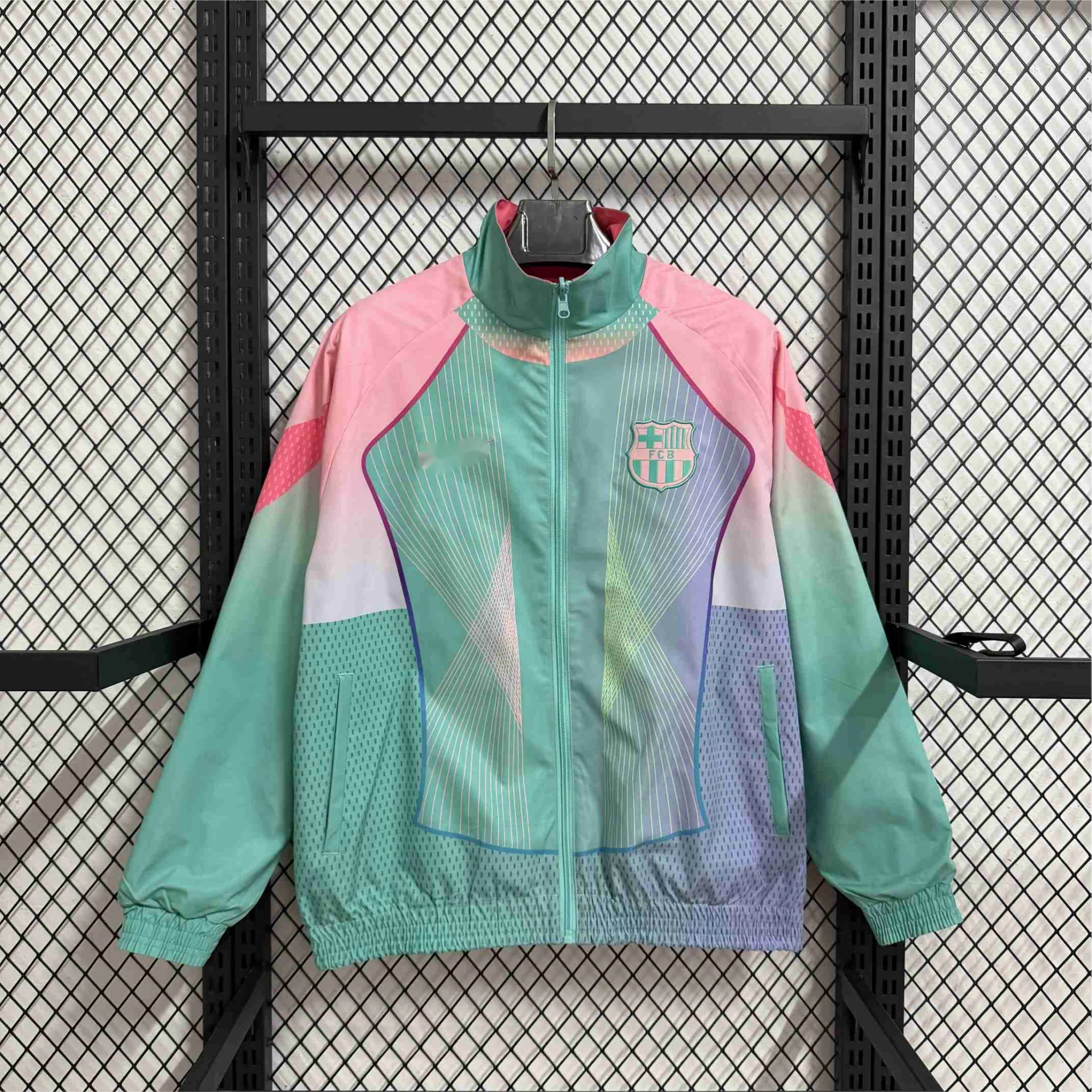 2025-26 Barcelona Pink Green Special Edition Reversible Waterproof Windbreaker - Image 2