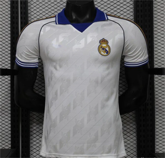 2026-27 Real Madrid Home White with Blue Collar & Jacquard Pattern Player S-2XL